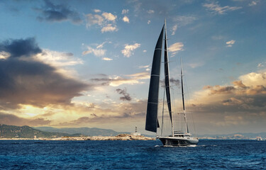 Fototapeta na wymiar Two-masted yacht in the Mediterranean sea. Ibiza, Balearic Islands. Spain