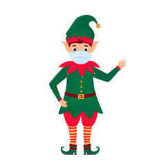 Funny Christmas elf wears a protective face mask. Vector illustration. Cartoon character.