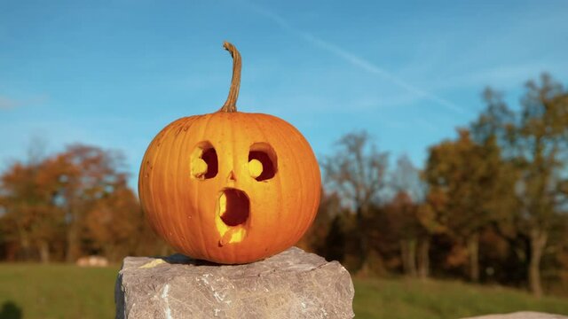 REVERSED SUPER SLOW MOTION, CLOSE UP: Big carved pumpkin with a shocked face gets smashed on Halloween. Backwards video of unrecognizable man destroying a screaming Jack O'Lantern with a baseball bat.
