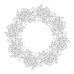 Decorative round wreath with simple leaf and flowers on white isolated background. Floral illustration. Suitable for coloring book pages, invitations, postcard.