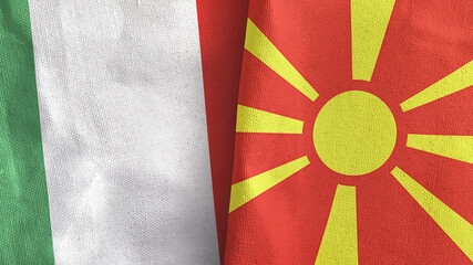 North Macedonia and Italy two flags textile cloth 3D rendering