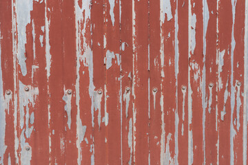 Fragment of an old metal fence. The brown paint peeled off in places and flew off. The galvanized metal surface is visible. Background. Texture.