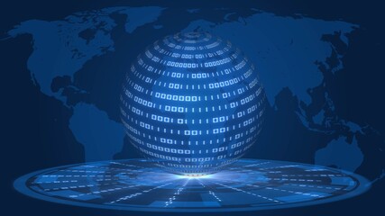 Abstract 3D data flow illustration - digital futuristic technology concept - sphere of binary code over HUD elements in light effects - world map background