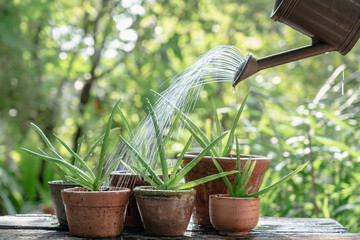 Morning outdoor activity to watering aloe vera pot plant