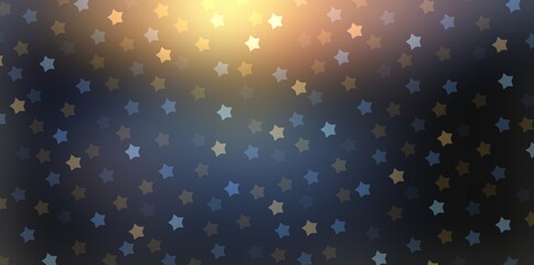 Blue yellow stars on black gloss background decorated golden shine on top. Magic holidays night illustration.
