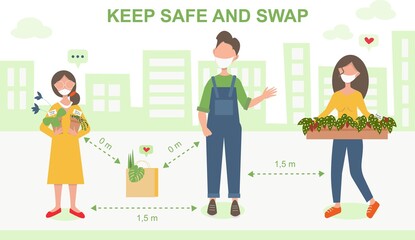 Keep safe and swap plants web banner flat vector style. Plants swap and plant shop safe distance.