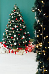 New Year's Home Christmas Tree with gifts decor green background