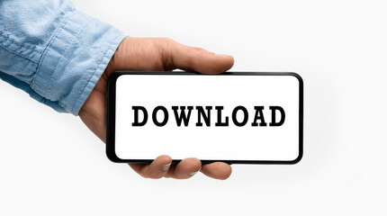 Closeup of a male hand holding Smartphone with word Download on display