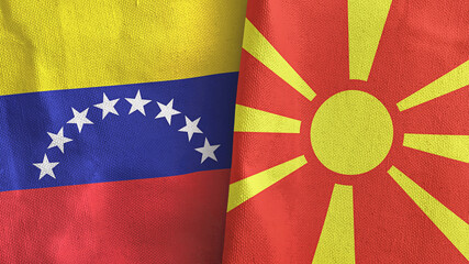 North Macedonia and Venezuela two flags textile cloth 3D rendering