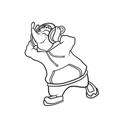 Mouse listens to music with headphones 
 line drawing Illustration in cartoon style for coloring book