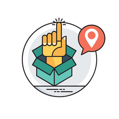 Fototapeta premium A hand emerging from a box with location symbol on side defining inspiration and planning 