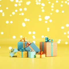 Gift box Set on yellow color background with Lighting Bokeh backdrop. 3D Render. minimal christmas new year concept. selective focus.