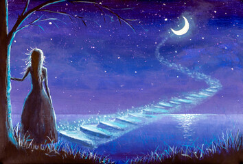 Painting Princess girl climbs the magic steps to the moon in the night seascape oil painting. Illustration for children's book of fairy tales - obrazy, fototapety, plakaty