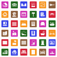 Home Icons. White Flat Design In Square. Vector Illustration.