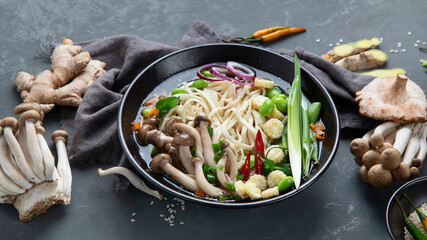 Udon noodles with mushrooms and vegetables