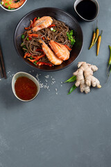 Soba noodles with shrimps and vegetables