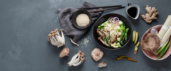 Udon noodles with mushrooms and vegetables