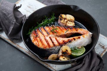 Salmon steak in a grill pan