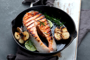 Salmon steak in a grill pan