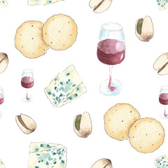 Watercolor sketch appetizer and red wine, pattern
