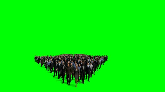 Businessmen with a businesswoman in front forming arrow shape pointing right, hd against Green Screen