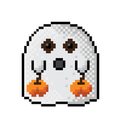 Fototapeta premium A cute ghost holding a pumpkin. happy Halloween pixel art. Vector picture.