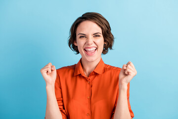 Yeah. Photo of attractive crazy lady bobbed hairstyle raise fists hands celebrate unbelievable...