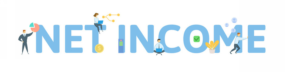 Net Income. Concept with keywords, people and icons. Flat vector illustration. Isolated on white background.