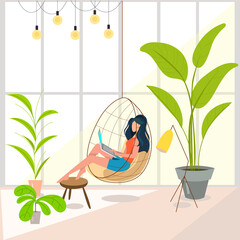 Freelance woman working on laptop at her house.  Comfortable armchair, large windows, cozy atmosphere.Vector illustration. Online study, education.