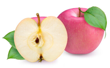 Fresh Pink Apple with leaf on white background, Fuji Apple isolated on white background. With clipping path.