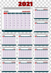 2021 Year Calendar planner design template. Week starts on Sunday