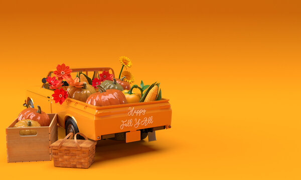 3d Render. Vintage Harvest Truck Orange Car With Pumpkins. Thanksgiving Day