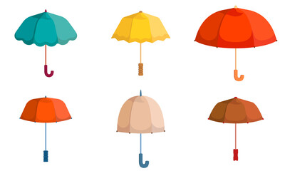Set of different umbrellas. Beautiful accessories in cartoon style.
