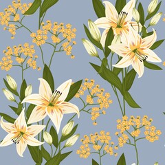 Obraz premium Vintage flowers and leaves. A bouquet of lilies. Seamless patterns. Pastel colors. Isolated vector illustrations.