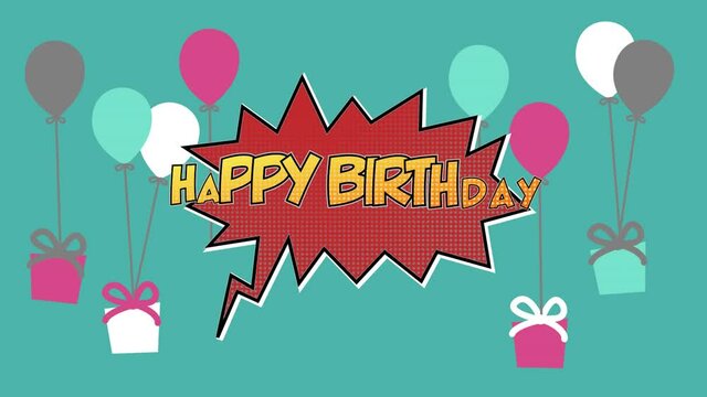 Digital animation of happy birthday text on retro speech bubble against multiple giftbox tied to bal