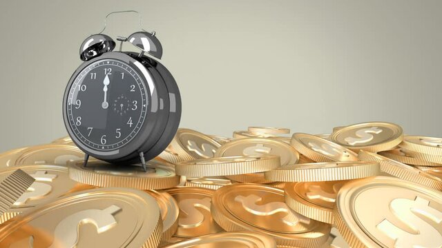 Digital animation of alarm clock ticking and golden dollar cent coins against grey background