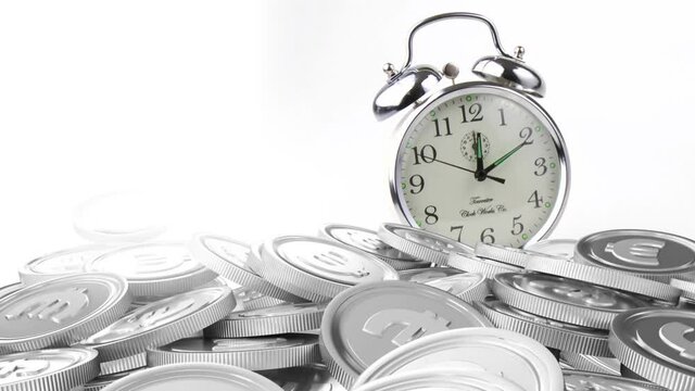 Digital animation of alarm clock ticking and silver euro cent coins against white background