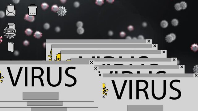 Digital animation of multiple tabs with skull icon and virus text against computer digital interface