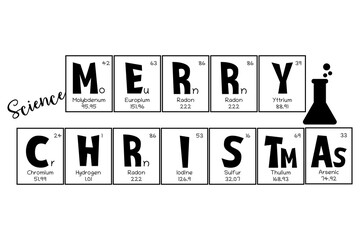 Periodic table Christmas and New Year celebration poster, greeting card. Mendeleev table elements design for a holiday ornament, for school university teacher, laboratory person