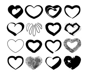 A collection of sketch hearts drawn by hand in ink. Black and white icons. Vector illustration.