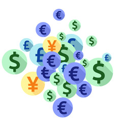 Euro dollar pound yen round signs scatter money vector design. Success concept. Currency tokens 