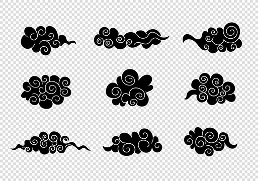 Vector Set of Oriental Clouds, Black and White, Illustrations Isolated on Light Background.