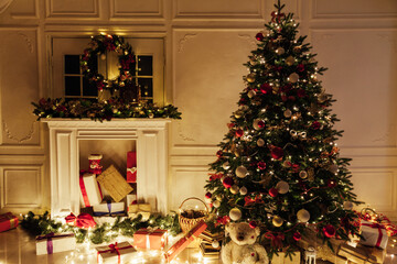 Fototapeta na wymiar Light garland Christmas tree decor presents new year night interior