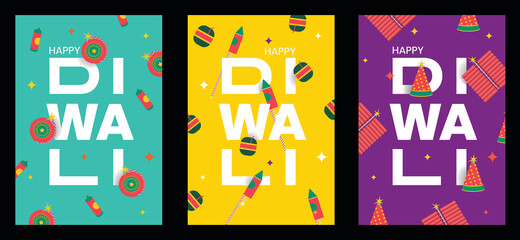 Happy Diwali text with firecracker element in background template set for indian diwali festival 