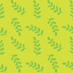 Seamless background. A pattern of green plants on a yellow background. Warm and cozy drawing.