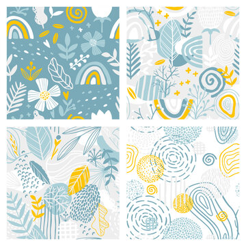 Rainbow floral seamless patterns set. Abstract tile in hand-drawn simple doodle cartoon style. Scandinavian vector illustration in blue yellow pastel palette