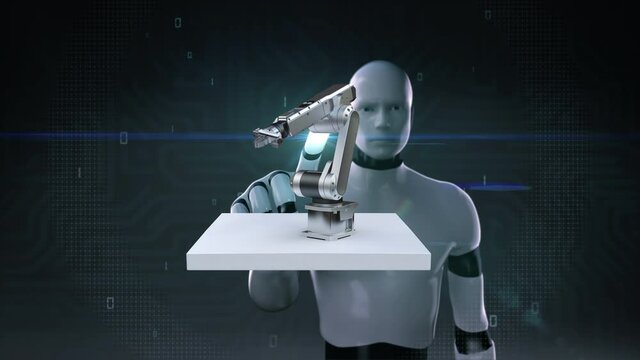 Robot touching robot arms on a white square floor, IoT 4th industrial revolution, Future technology, smart factory, 4k animation.