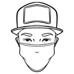 monochrome outline illustration of an asian men's head with baseball cap. avatar, comic, outline.
