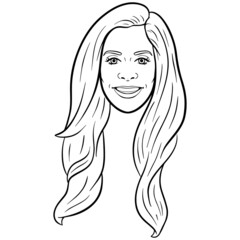 monochrome comic illustration of a woman's head with long hair. avatar, outline, comic.