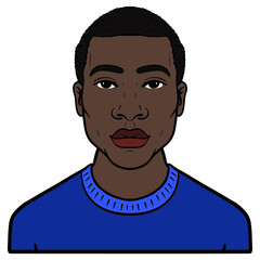 comic illustration of an african american and blue sweater. avatar, outline.
